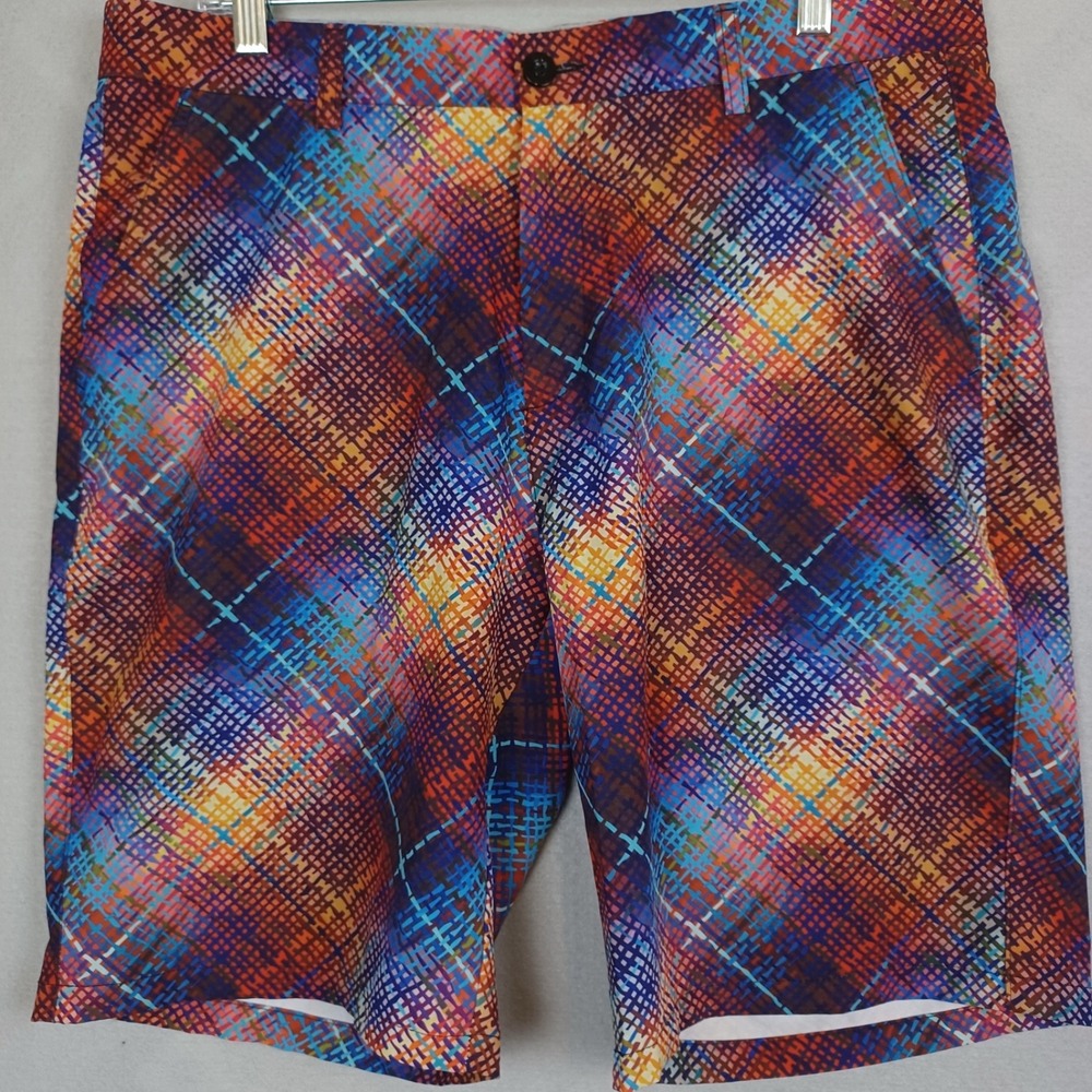 Hreski Mens 36W 10" Multicolor Abstract Crosshatch Plaid Spandex Golf Shorts